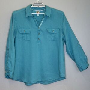 JM Collection Women's 100% Linen Top Size 18 Blue 1/4 Button Long Tab Sleeve